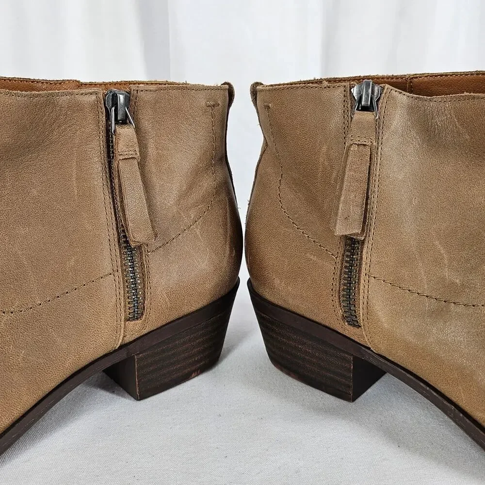 LUCKY BRAND BLANDRE TAN LEATHER BOOTIES – WOMEN’S SIZE 9M – SIDE ZIP – LOW HEEL